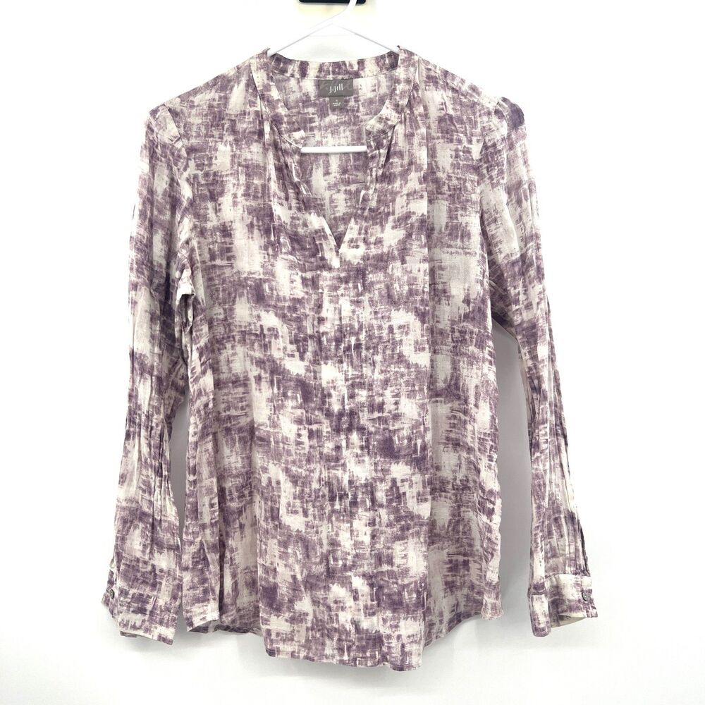 J.Jill Womens S Purple Abstract Print Split Neck Long Sleeve Tunic Blouse Top